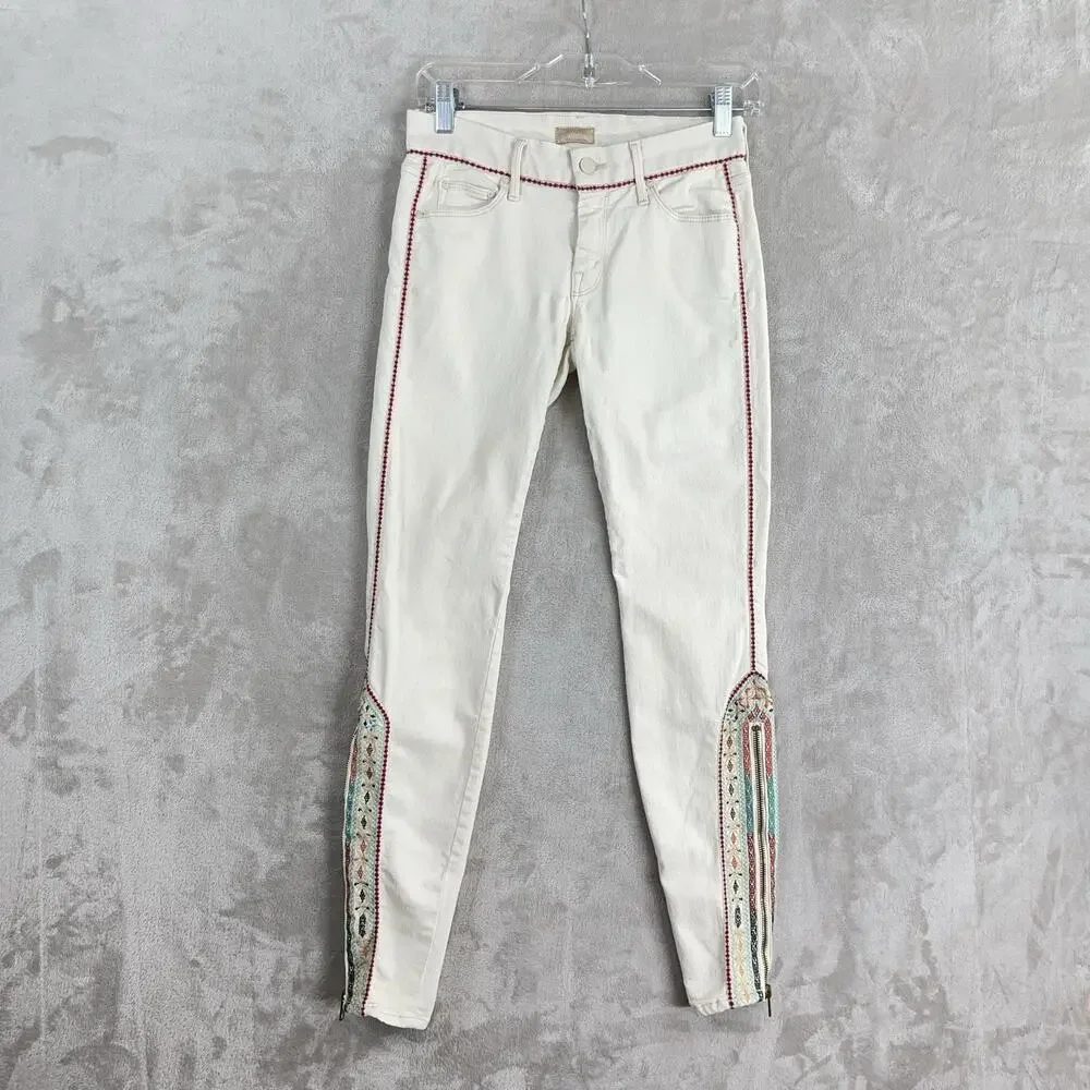 MOTHER The Looker Ankle Zip Pants Barefoot Princess Embroidered Red Trim 26" - Picture 2 of 16